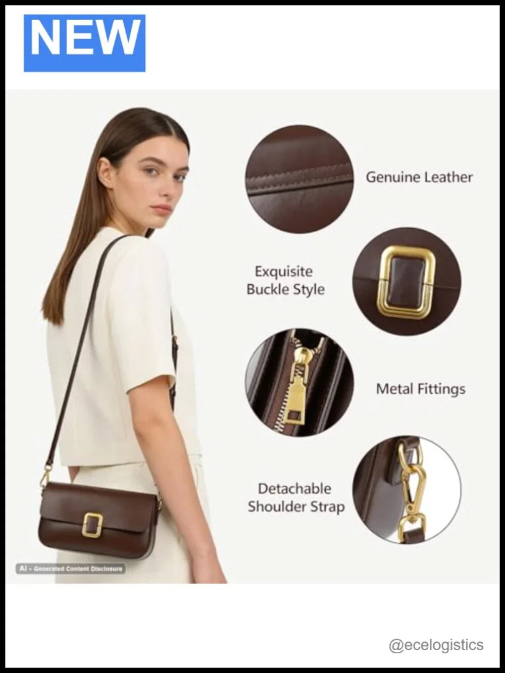 Genuine Leather Crossbody Bag with Adjustable Strap & Gold Chain